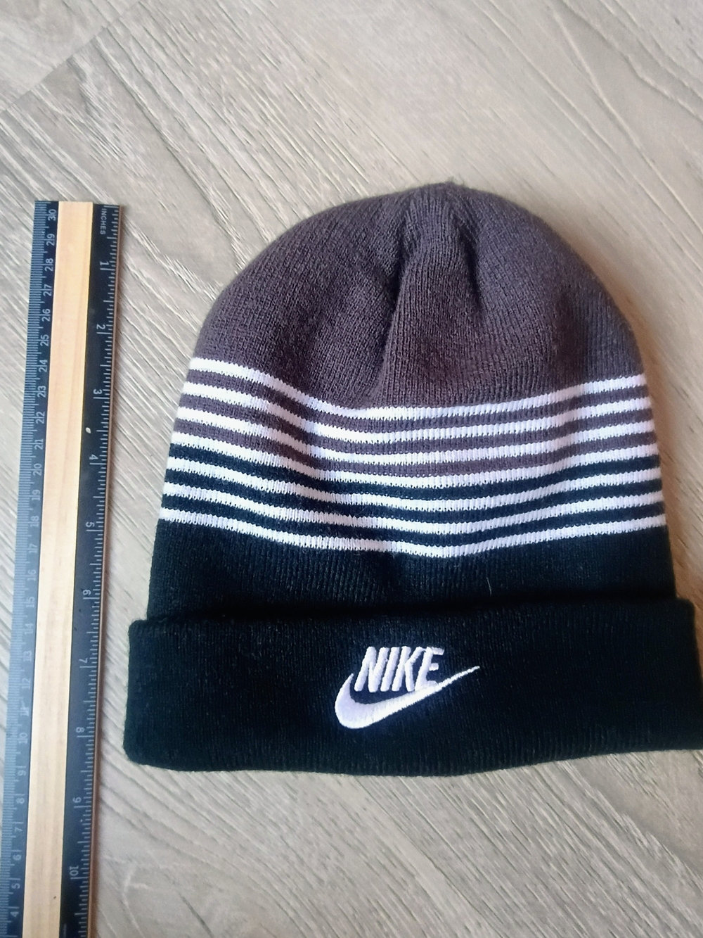 Nike Black Gray White Striped Cuffed Beanie Swoosh Logo Unisex Winter Hat